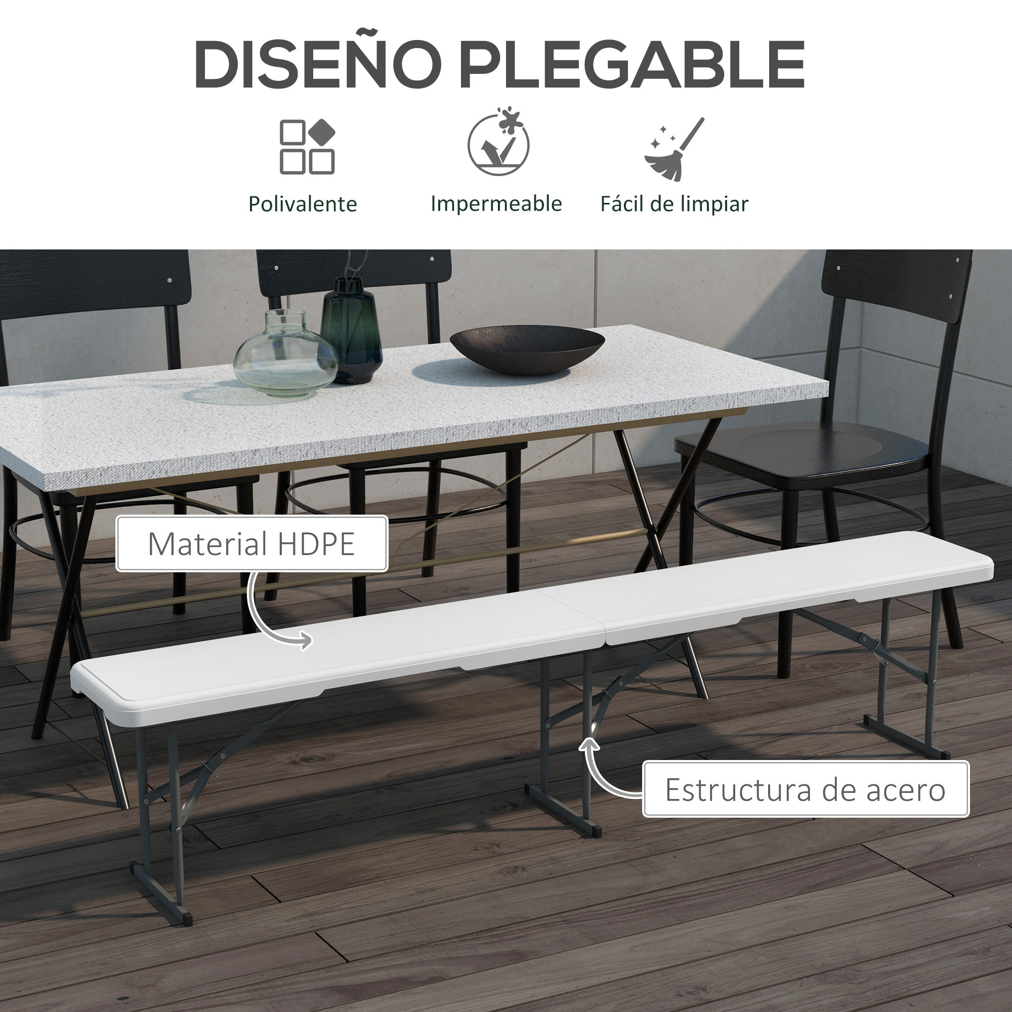 Banco de Jardín Plegable Banco Exterior de 3 Plazas con Marco de Acero Carga 360 kg para Patio Terraza Balcón Camping 183x28x43 cm Blanco