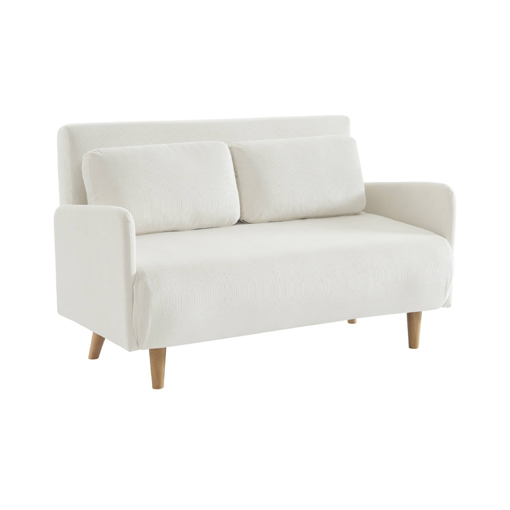 Canapé convertible 2 places scandinave velours côtelé blanc - Panam - pieds bois. banquette. dossier inclinable