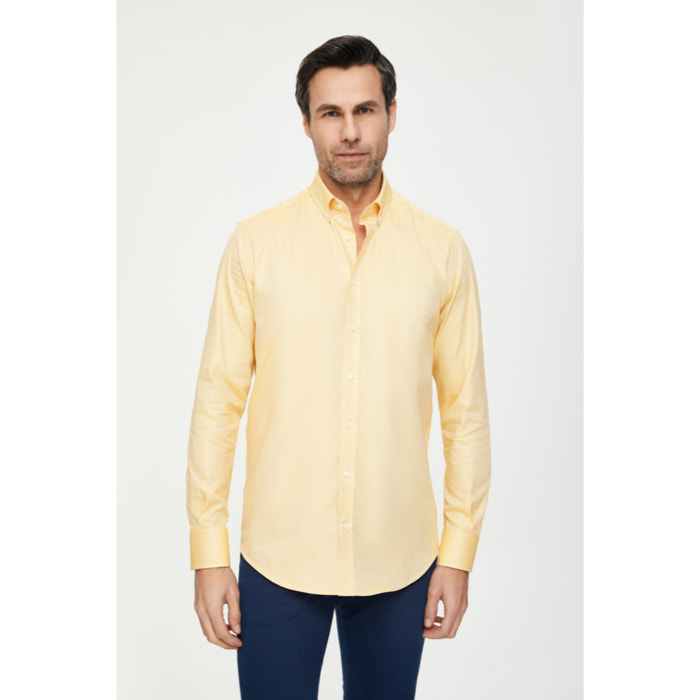 Camicia Uomo 1 Bottone Button Down Slim Oxford Unito Beige