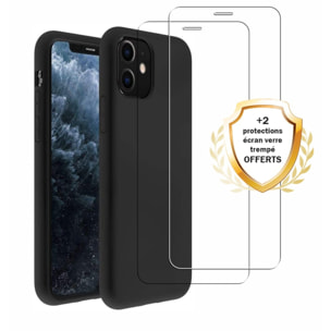 Coque iPhone 11 Silicone liquide Noire + 2 Vitres en Verre trempé Protection écran Antichocs