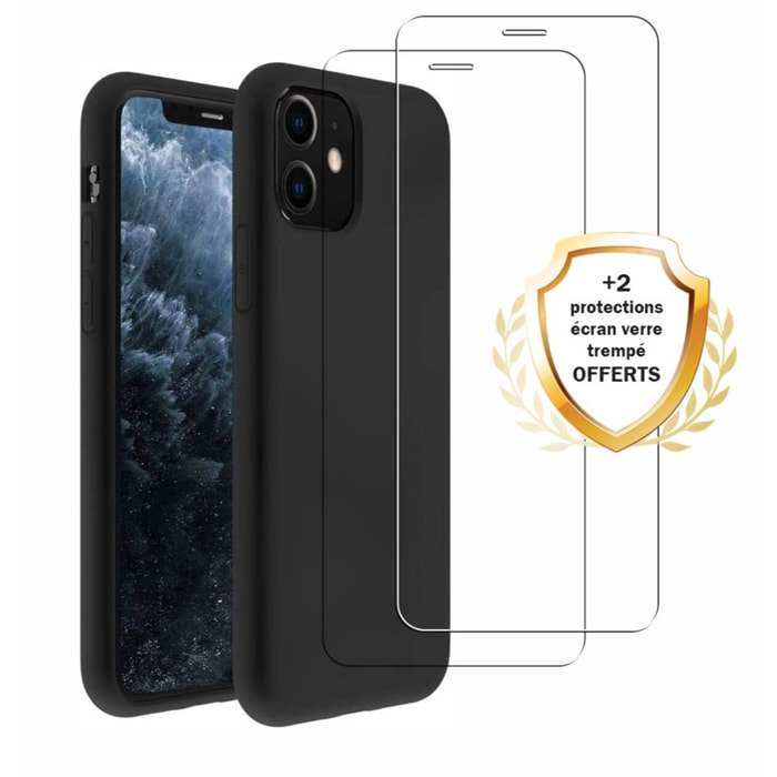 Coque iPhone 11 Silicone liquide Noire + 2 Vitres en Verre trempé Protection écran Antichocs