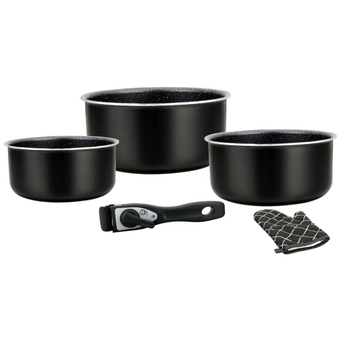 Batterie de cuisine revêtement pierre avec manche amovible 5 pièces noir Herzberg HG8051-BLK