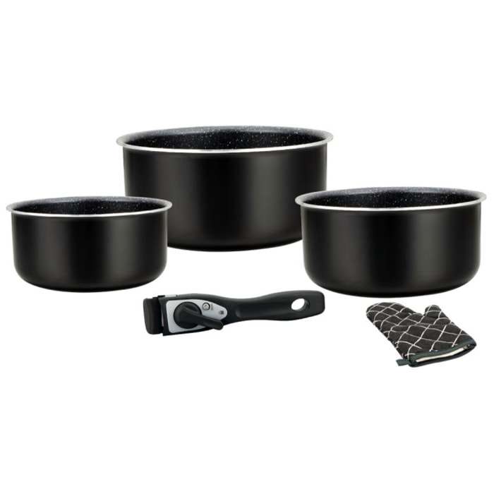 Batterie de cuisine revêtement pierre avec manche amovible 5 pièces noir Herzberg HG8051-BLK