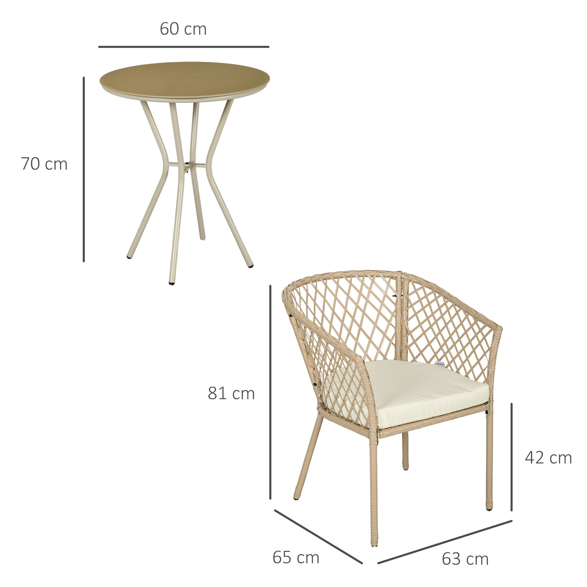 Conjunto de Mesa y 2 Sillas de Jardín Juego de 3 Piezas Sillas y Mesa de Ratán con 2 Sillas y 1 Mesa de Centro Redondo para Terraza Césped Balcón Caqui