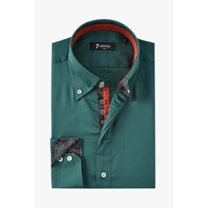 Camicia Uomo 2 Bottoni Button Down Slim Satin Unito Verde Scuro