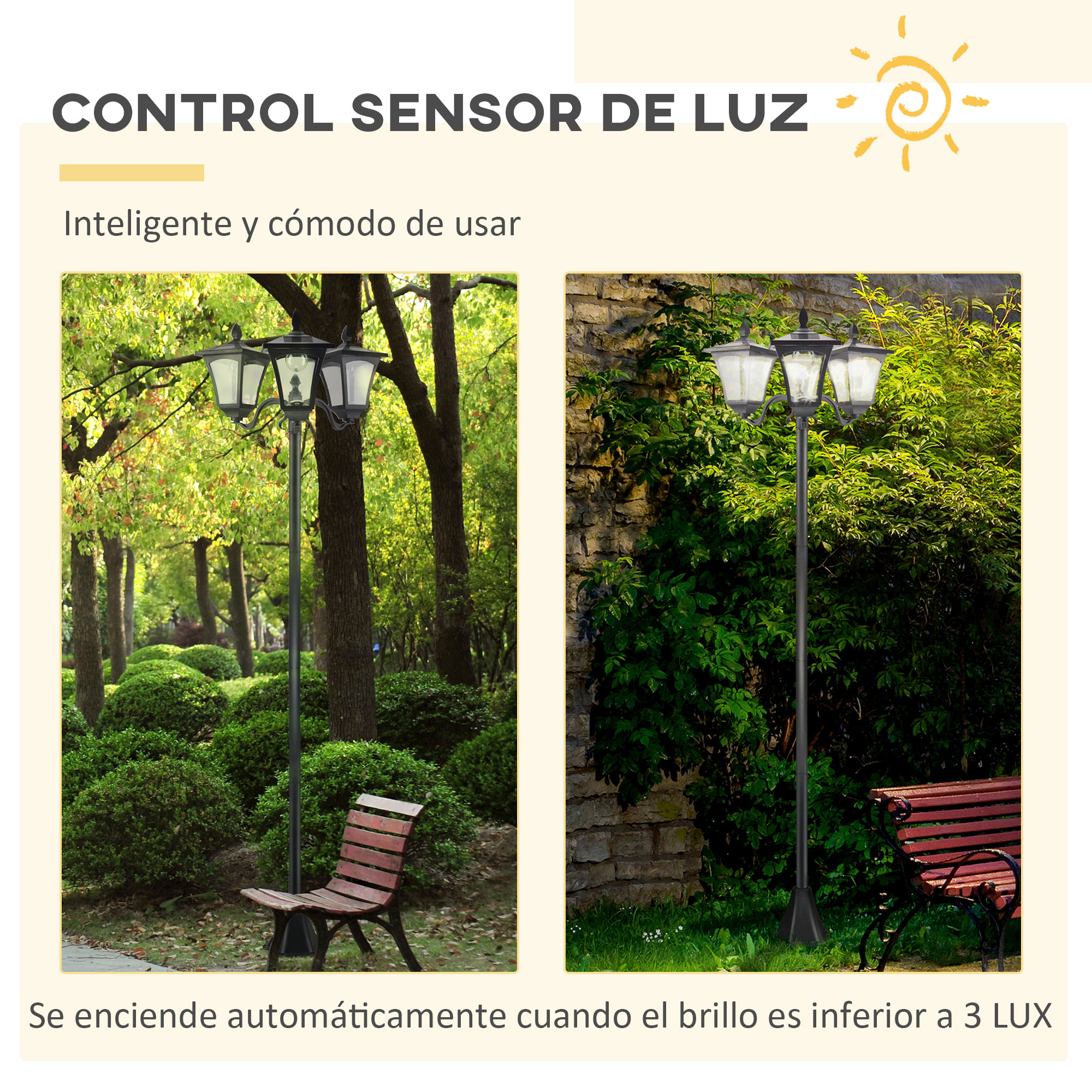 Conjunto de 2 Farolas Solares de Exterior Luces Solares de Pie con 3 Luces LED Impermeable IP44 para Camino Terraza Patio 51,5x47x182,5 cm Negro