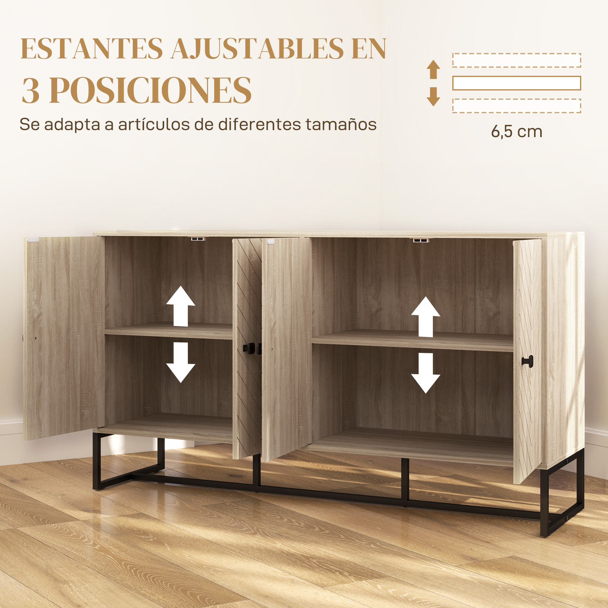 Aparador de 4 Puertas con Diseño Chevron, Aparador de Salón con Estantes Ajustables, Patas de Acero, para Cocina, Entrada, Dormitorio, Roble, 140,5x40x81,5 cm