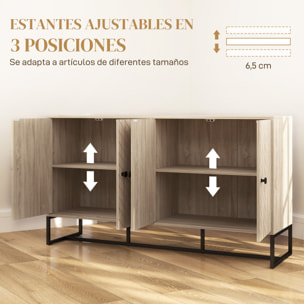Aparador de 4 Puertas con Diseño Chevron, Aparador de Salón con Estantes Ajustables, Patas de Acero, para Cocina, Entrada, Dormitorio, Roble, 140,5x40x81,5 cm