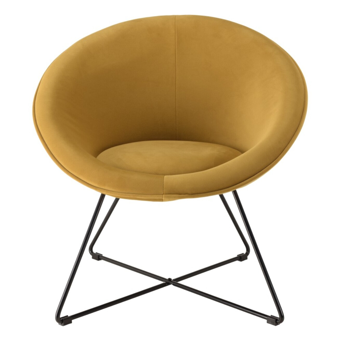 AGATHE - Fauteuil tissu velours jaune moutarde pieds croisés métal noir