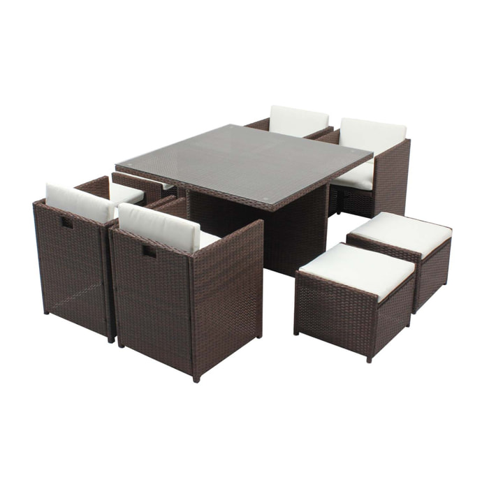 Table et chaises 8 places encastrables résine marron-blanc REGINA