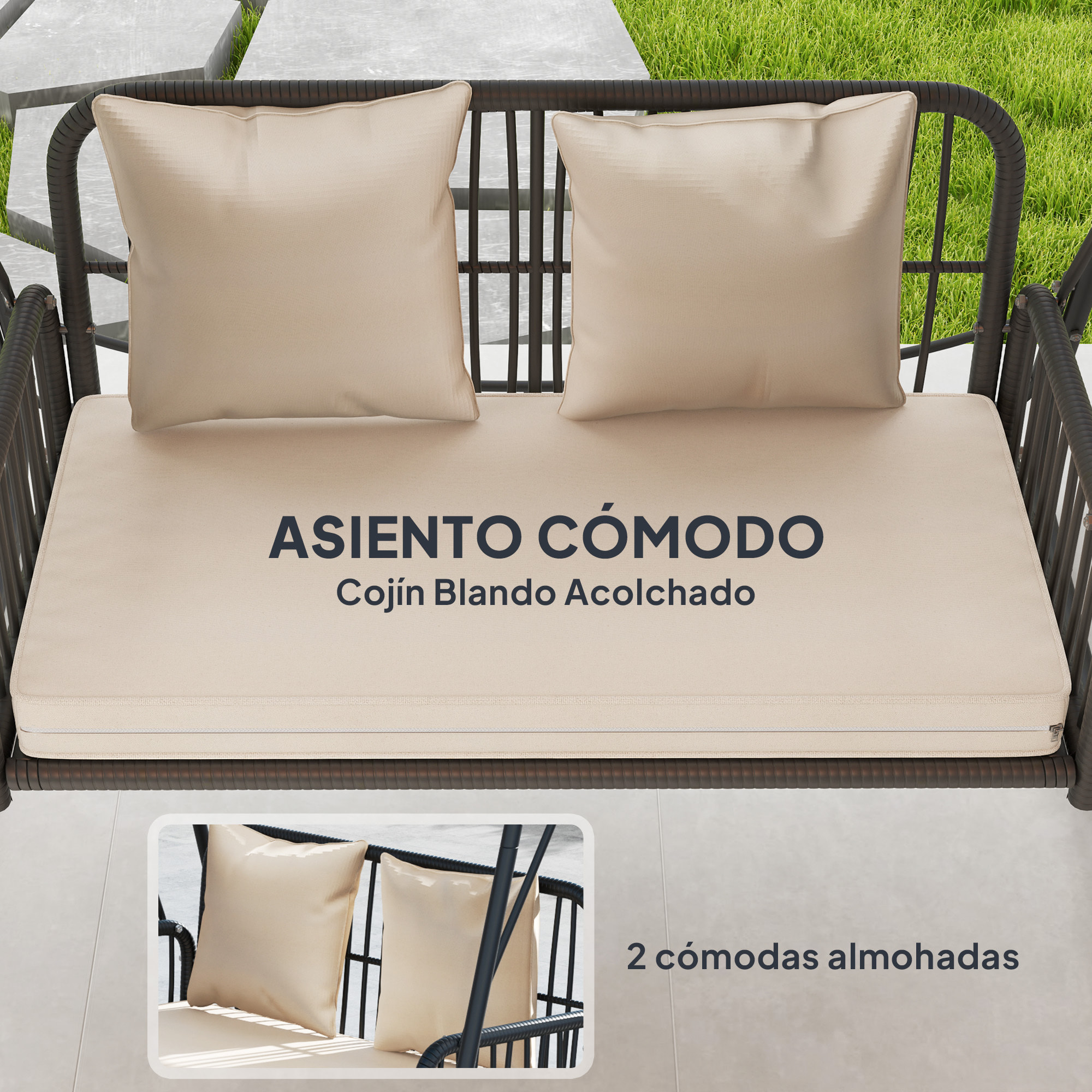 Columpio de Jardín de 2 Plazas Balancín de Jardín Exterior con Toldo Retráctil Cojines y Estructura de Acero con Ratán PE Anti-UV para Balcón Terraza Patio Carga 240 kg 149x121x180 cm Caqui