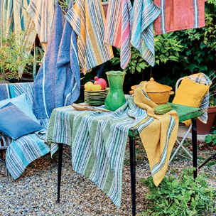 Nappe pur lin lavé 200 g/m² rayé gris vert Sombrilla emeraude