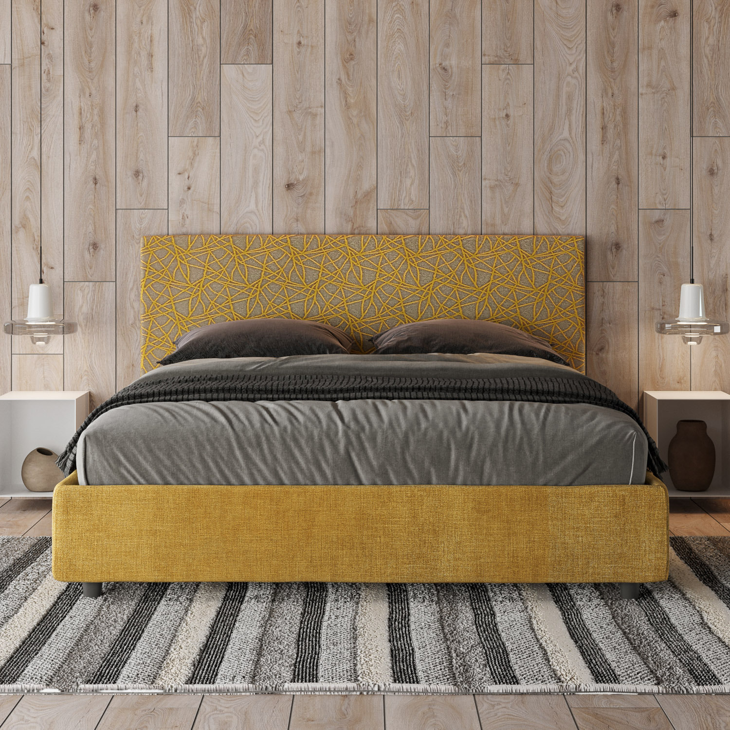 Letto matrimoniale contenitore imbottito 160x190 tessuto Era 06 giallo Arla