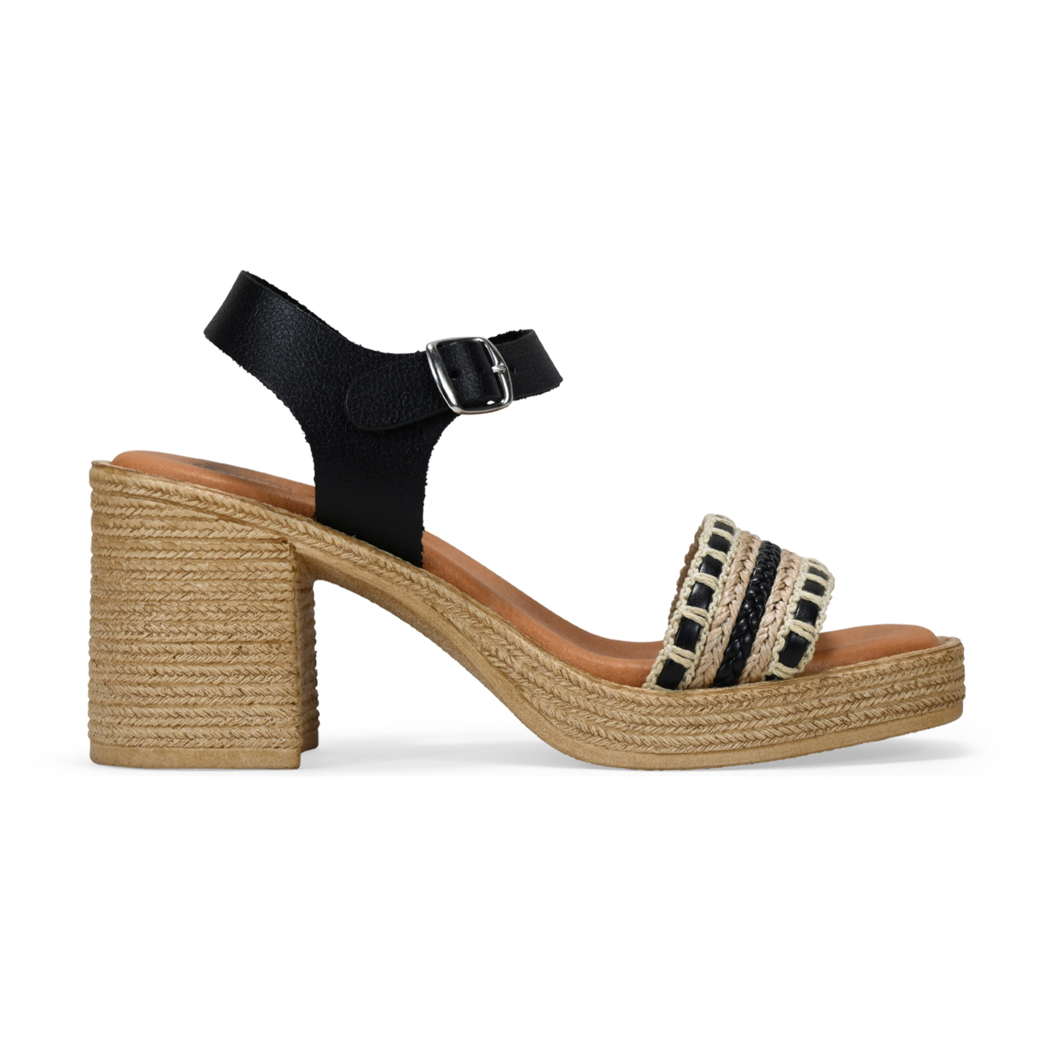 Sandalias de piel negras con tacón efecto esparto