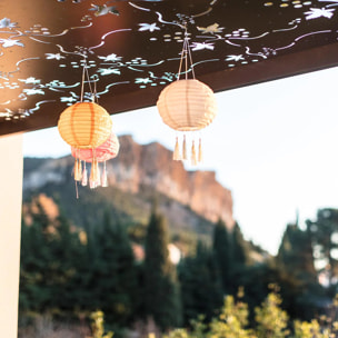 Lot de 3 lampion solaire lanterne chinoise 3 couleurs rose crème et orange LED blanc chaud SHANGRI LA ∅20cm