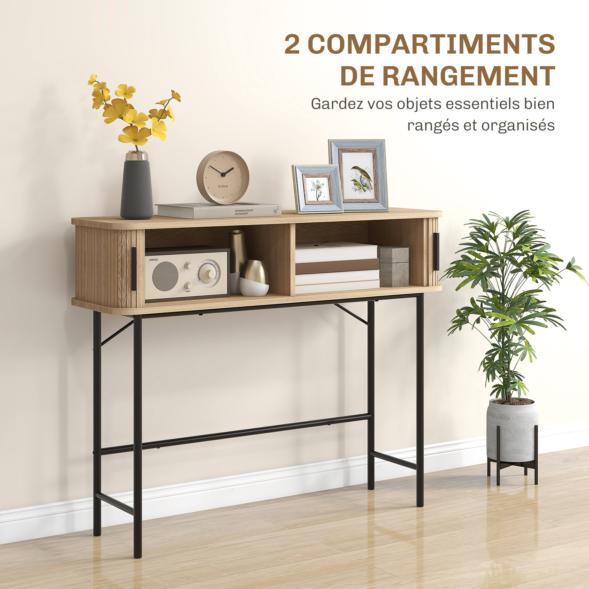 Console 2 portes coulissantes design naturel piètement acier noir effet bois clair