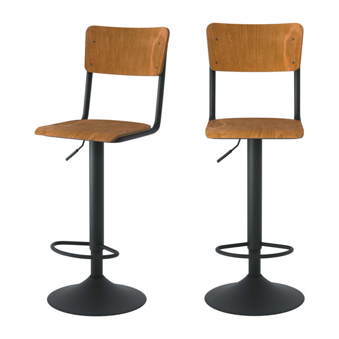 Lot de 2 chaises de bar réglables 60/80 cm en bois foncé - Clem