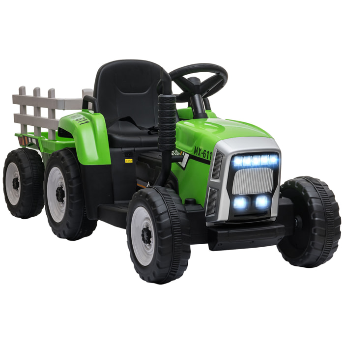 Tractor Eléctrico con Remolque Desmontable Coche Eléctrico para Niños 3-6 Años con Control Remoto Música MP3 Pantalla Luces y Cinturón de Seguridad 136,5x50x52,5 cm Verde