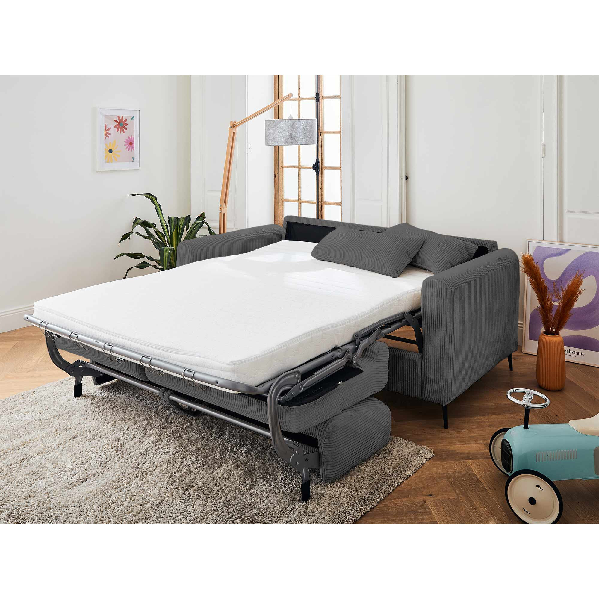 Owen - canapé 3 places convertible express couchage quotidien 140 cm matelas 12 cm en velours côtelé - Gris foncé