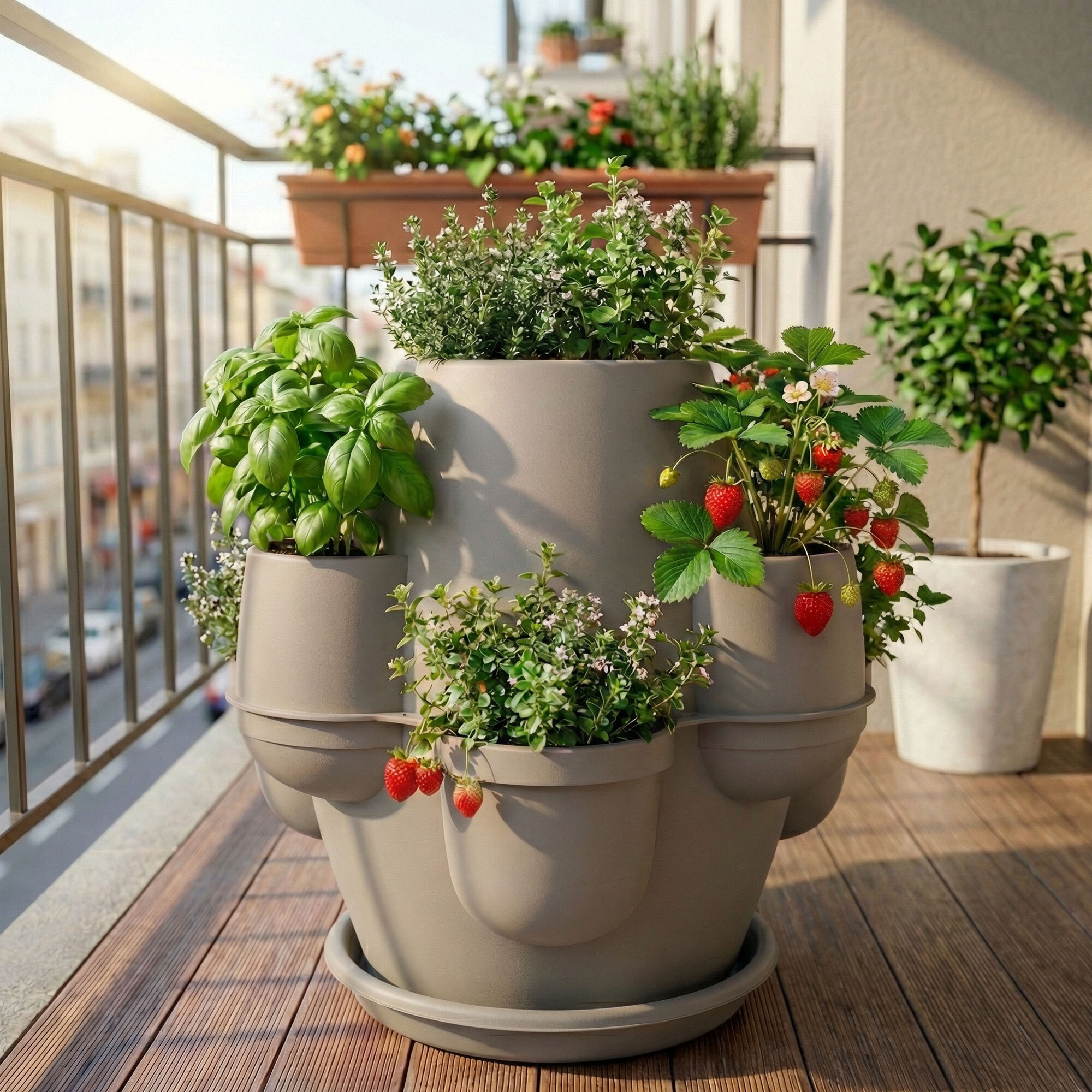 Oasi - Fioriera Da Giardino 80x80x80 Cm Con 6 Tasche Perimetrali E Sottovaso Cappuccino