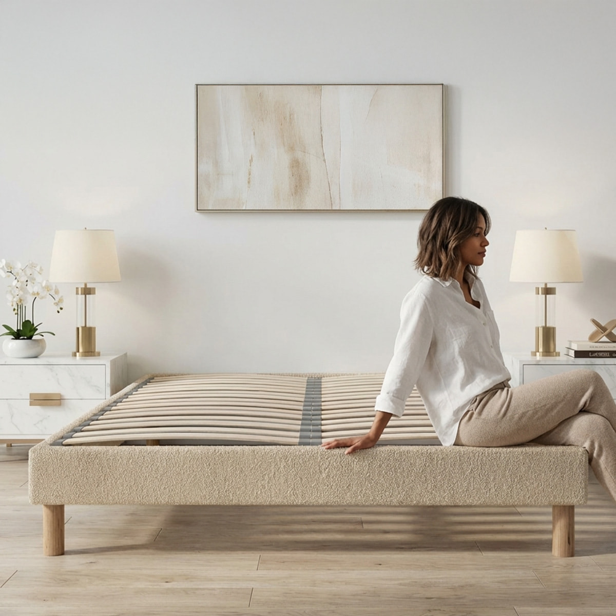 Sommier en Kit Tissu Laine Bouclée Beige, Lattes Bois, Soutien Ferme, Montage Rapide