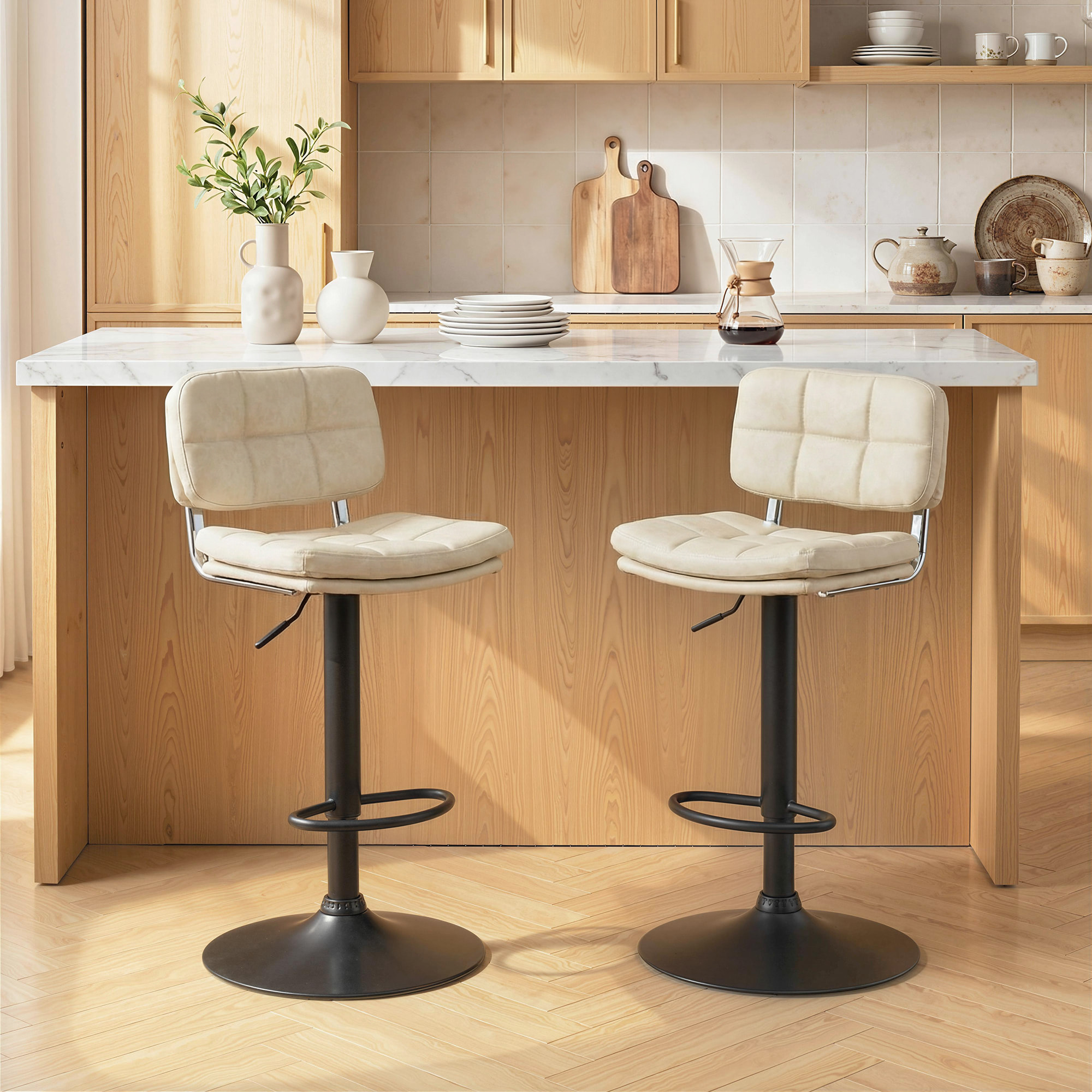 Lot de 2 tabourets de bar Vintage capitonné pivotant réglable beige effet vieilli