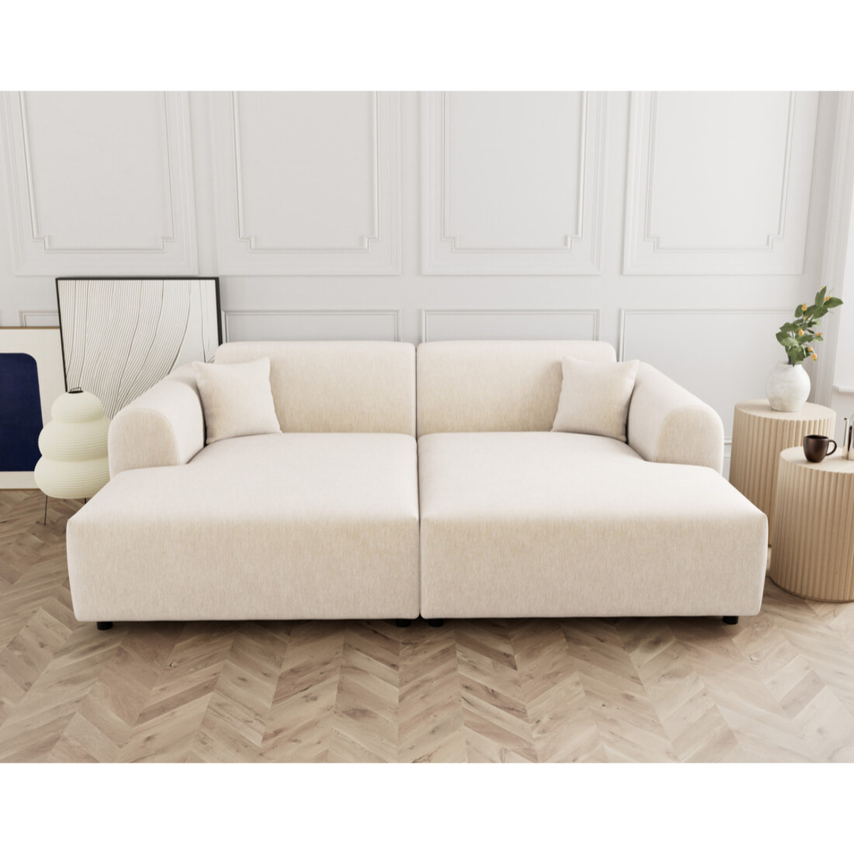 Aumance - canapé droit 4 places avec double méridienne assise profonde en velours texturé - Beige