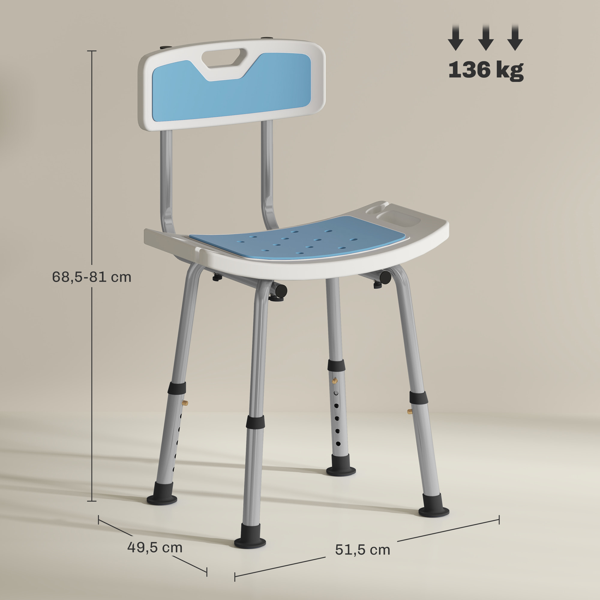 Chaise de douche siège de douche ergonomique hauteur réglable pieds antidérapants charge max. 136 Kg alu HDPE bleu