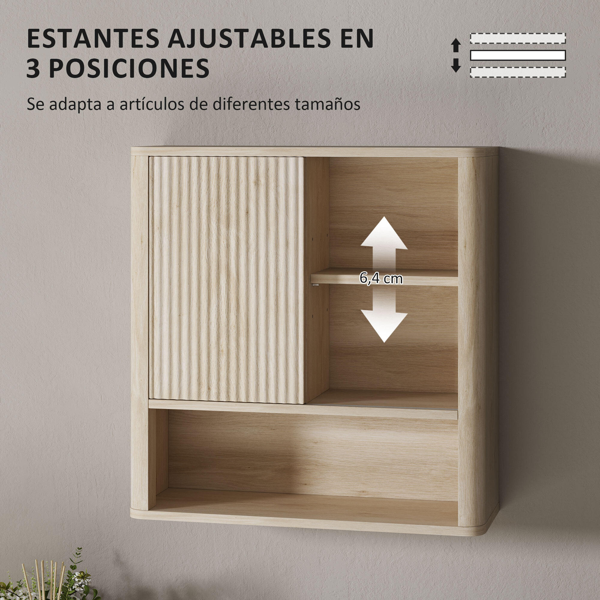 Armario de Baño de Pared Mueble de Baño Colgar con Estantes Ajustables Puerta Corredera Compartimentos y Diseño con Perfil Curvo 60x20x62 cm Natural