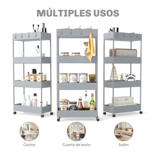 Carro de Cocina de Almacenamiento de 4 Niveles Carrito Auxiliar con Ruedas 4 Cestas y 4 Ganchos Extraíbles Carrito de Cocina para Comedor Baño Salón 40x19x90 cm Gris