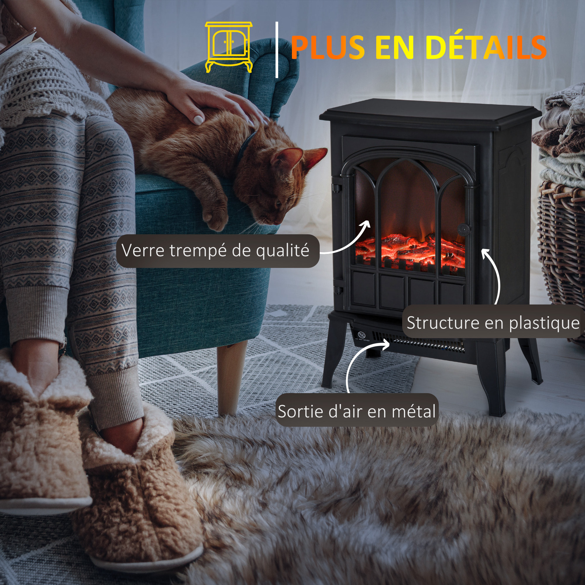 Cheminée électrique poêle style rétro 1000-2000 W simulation flammes LED porte noir