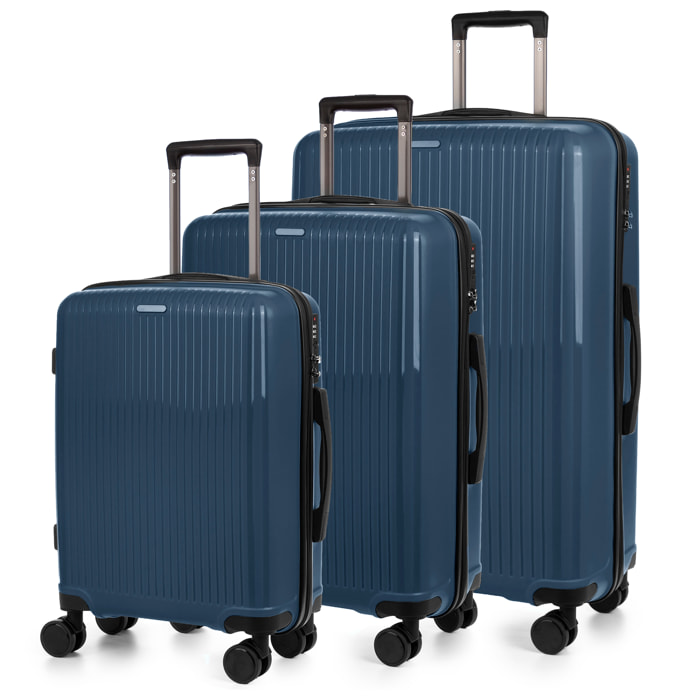 Set di 3 valigie Trolley, in materiale leggero PP resistente agli urti. Serratura TSA numerica, 4 ruote doppie girevoli a 360°.