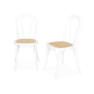 Lot de deux chaises vintage en bois avec assise en rotin et dossier arrondi coloris blanc