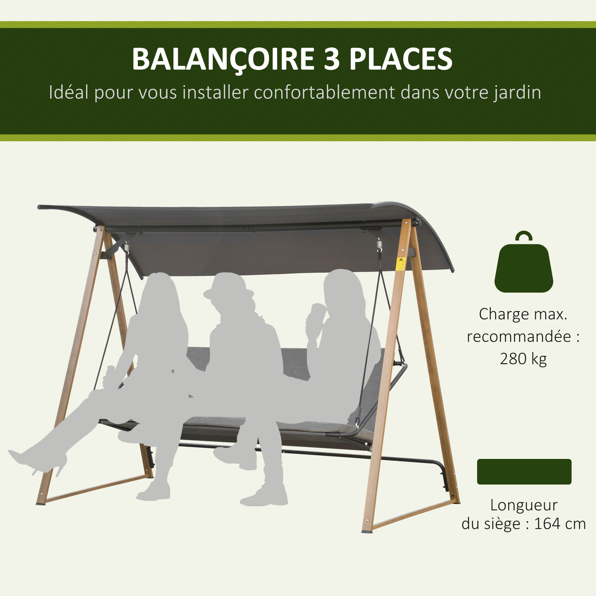 Balancelle de jardin 3 places design contemporain auvent réglable textilène polyester gris acier aspect bois