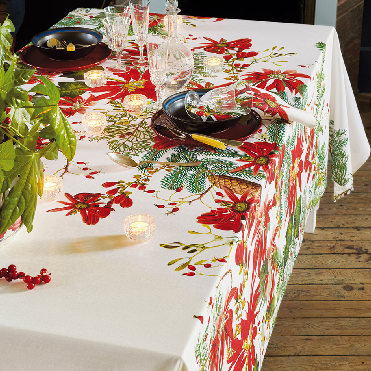 Nappe anti tache pur coton imprimé Poinsettias vintage