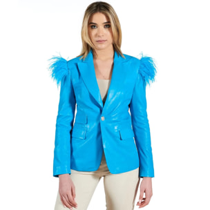 Giacca blazer in pelle naturale azzurra con piume