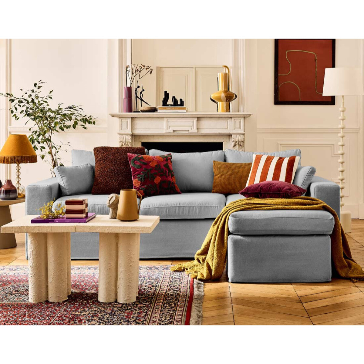 Housses en tissu pour canapé Calgary d'angle 3 places + 1 pouf - Gris clair