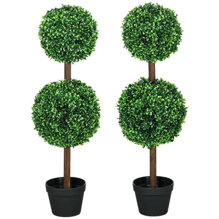 Lot de 2 buis artificiel double boules - cailloux et pot inclus - H.90 cm PE vert