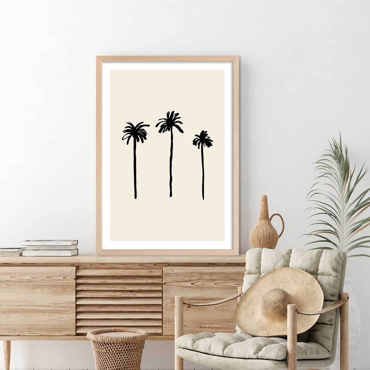 Affiche deco three black palm tree Affiche + cadre en bois - Chêne