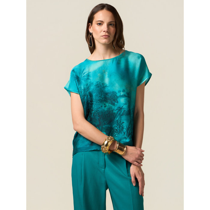 Oltre - Blusa in raso fantasia - Azzurro