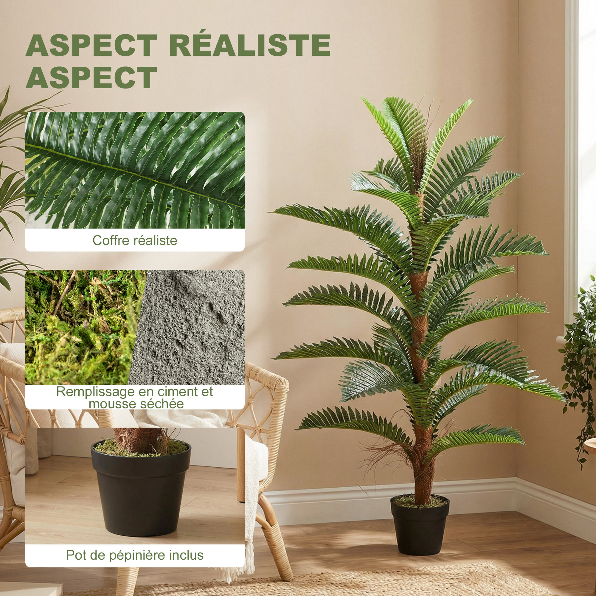 Palmier artificiel H.1,2 m arbre artificiel tronc branches lichen feuilles grand réalisme pot inclus