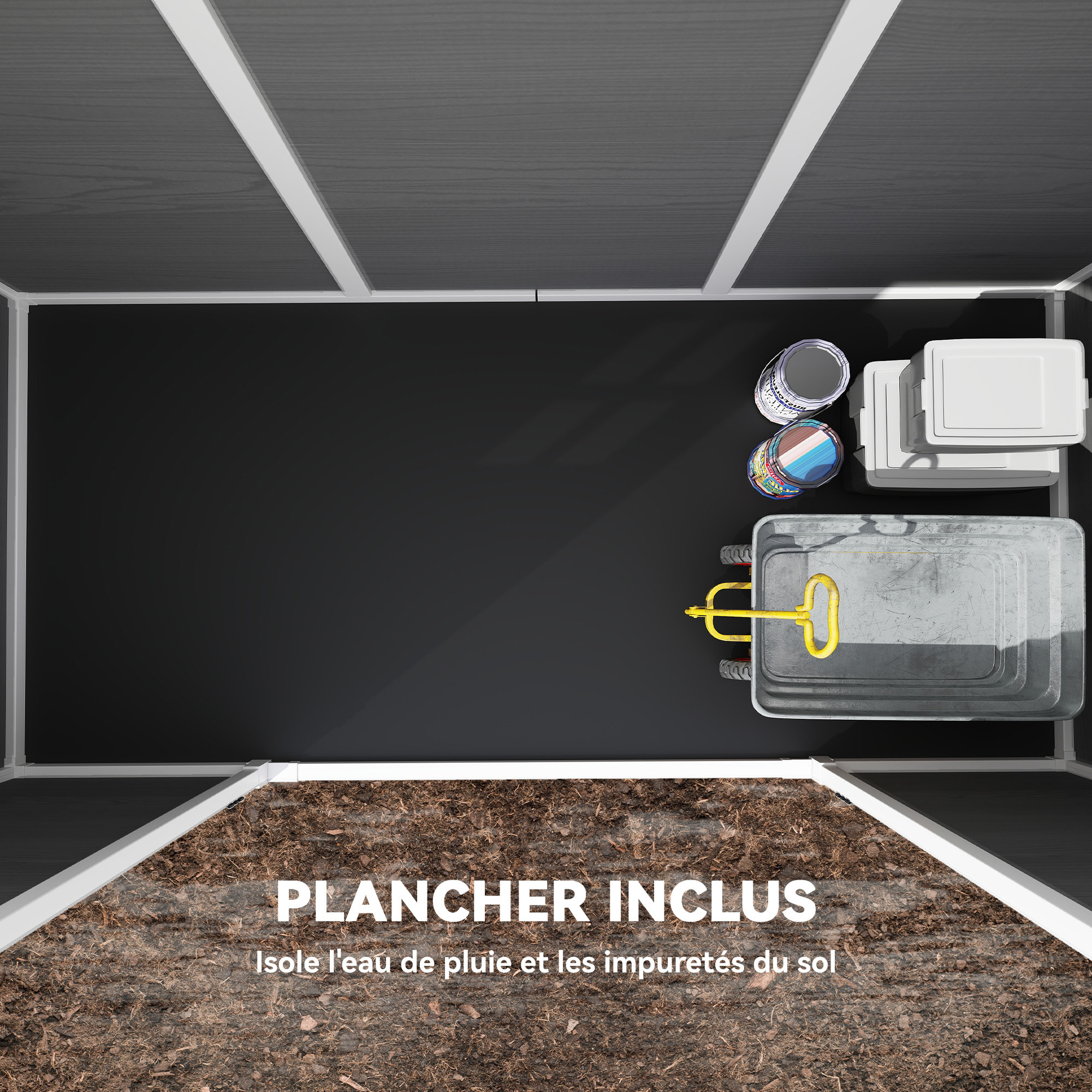 Abri de jardin 3,2 m² portes verrouillables plancher fenêtres aérations résine PP effet bois gris blanc