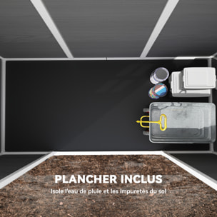 Abri de jardin 3,2 m² portes verrouillables plancher fenêtres aérations résine PP effet bois gris blanc