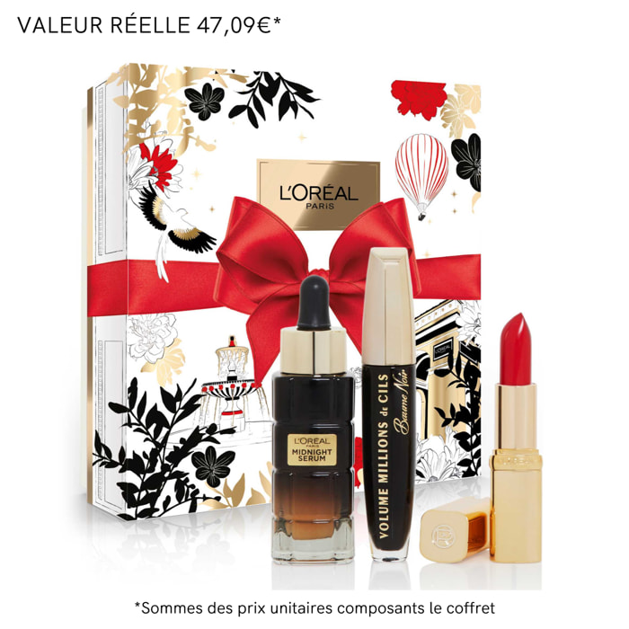 Coffret Cadeau Femme Luxe - 1 Sérum Midnight Anti-Rides, Fermeté, Eclat + 1 Mascara Volume Millions de Cils Baume Noir + 1 Rouge à Lèvres Soin Color Riche Satin nuance Rouge - L'Oréal Paris
