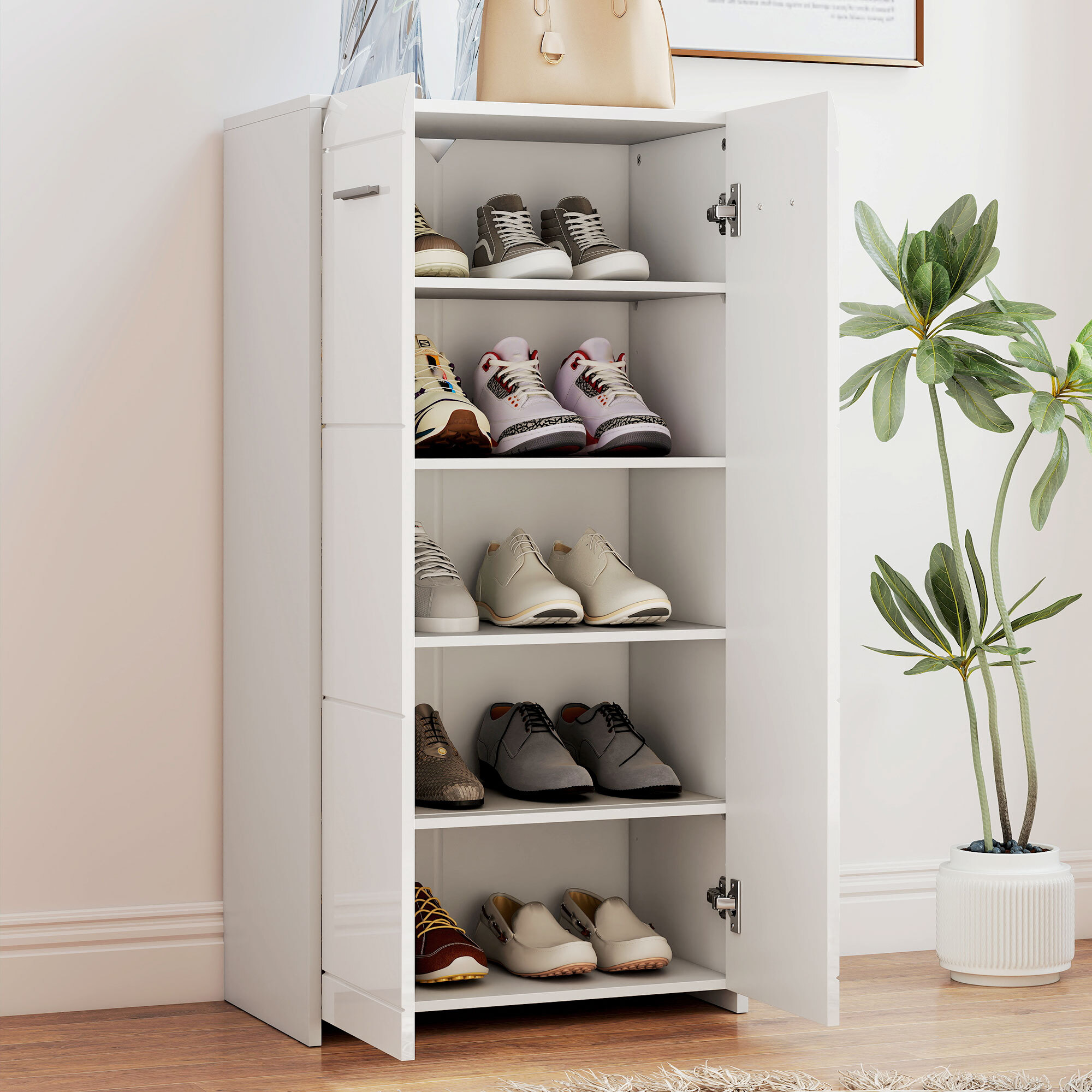 Mueble Zapatero, Armario para Zapatos Moderno con Estantes Ajustables, para 10 Pares de Zapatos, Zapatero para Pasillo, Recibidor, 55x36x108 cm, Blanco Brillo