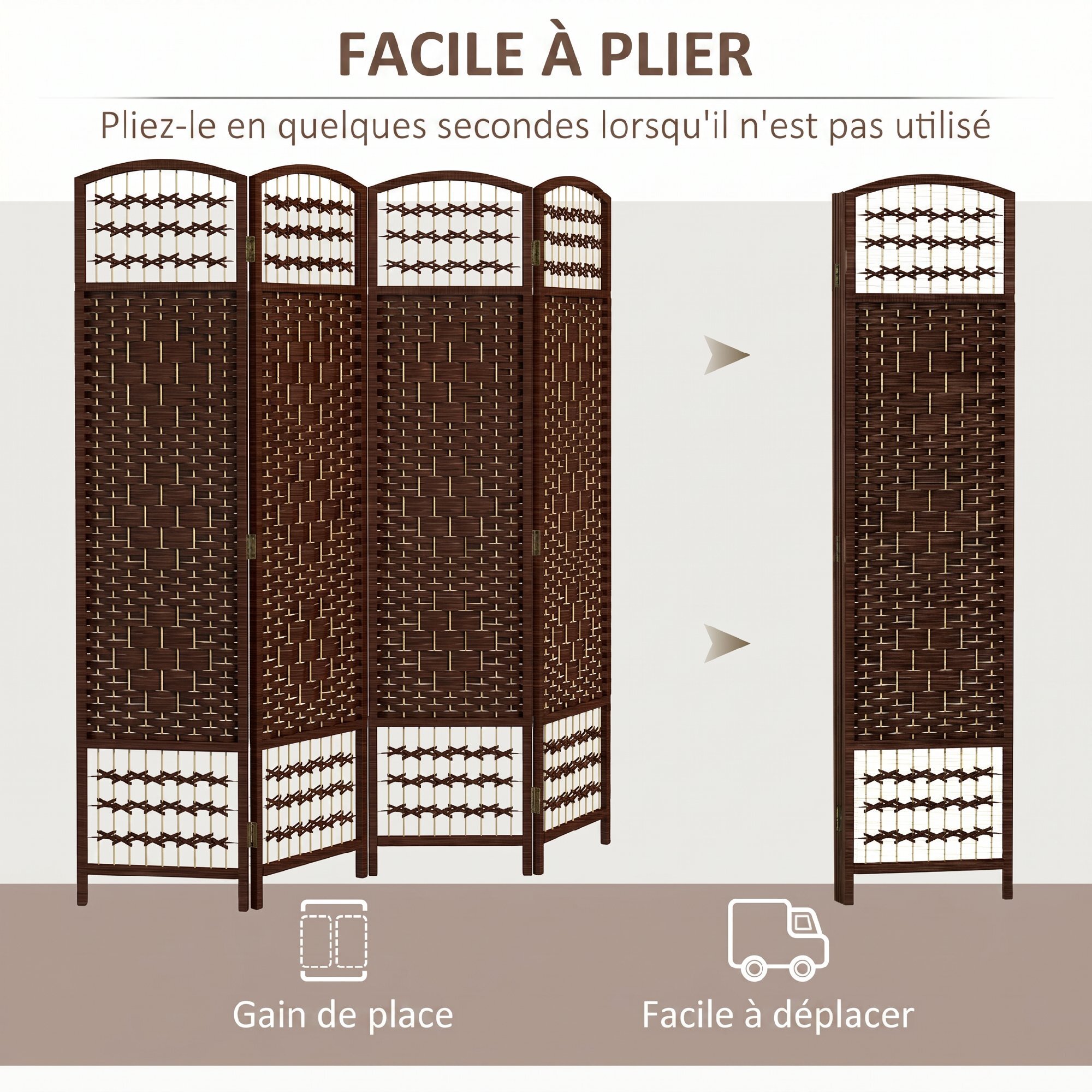 Paravent intérieur 4 panneaux pliables séparateur de pièce bois de peuplier bambou fibres de papier tressée brun paille