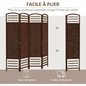 Paravent intérieur 4 panneaux pliables séparateur de pièce bois de peuplier bambou fibres de papier tressée brun paille