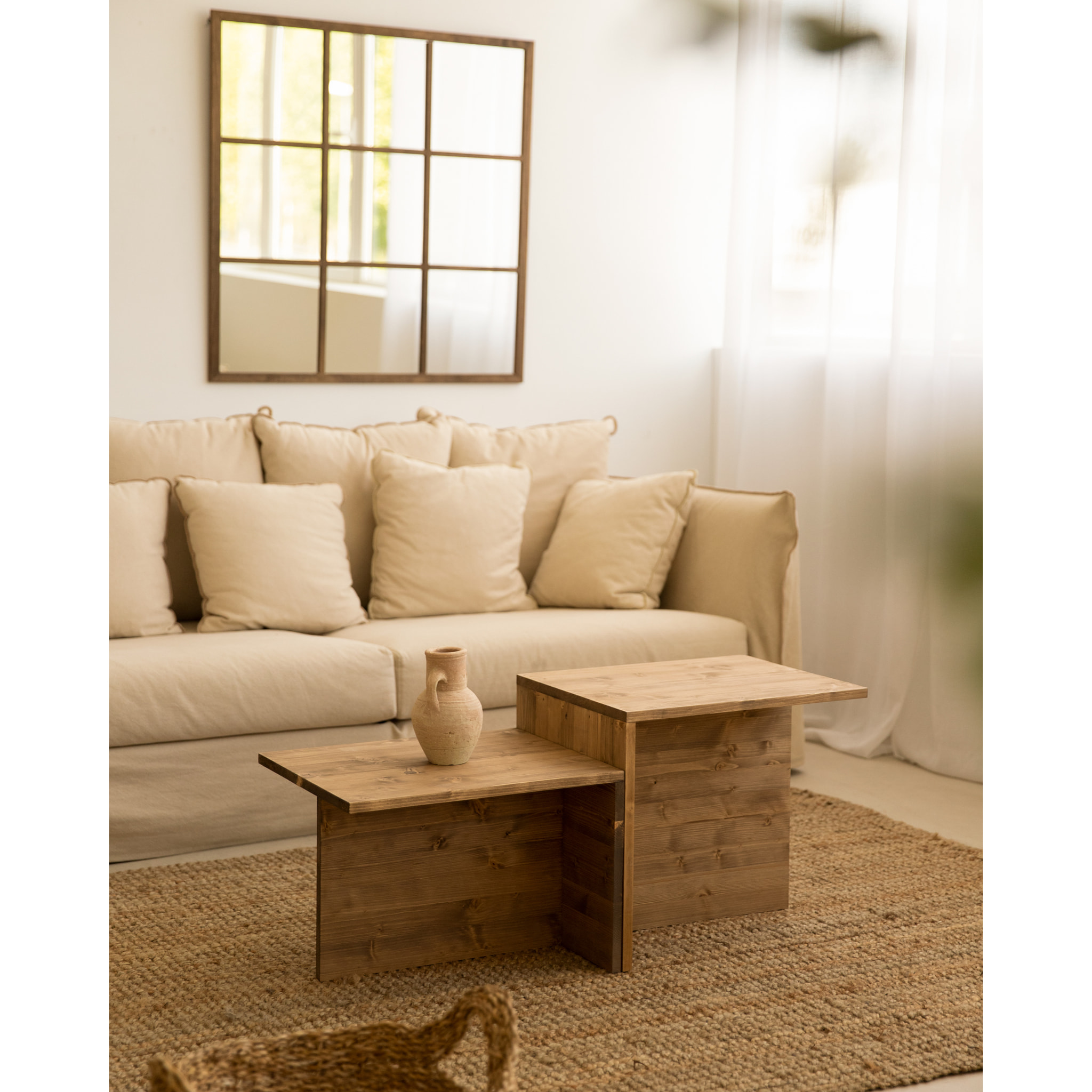 Table basse 2 pièces en bois massif ton chêne foncé 100x45cm Hauteur: 44.6 Longueur: 100 Largeur: 39