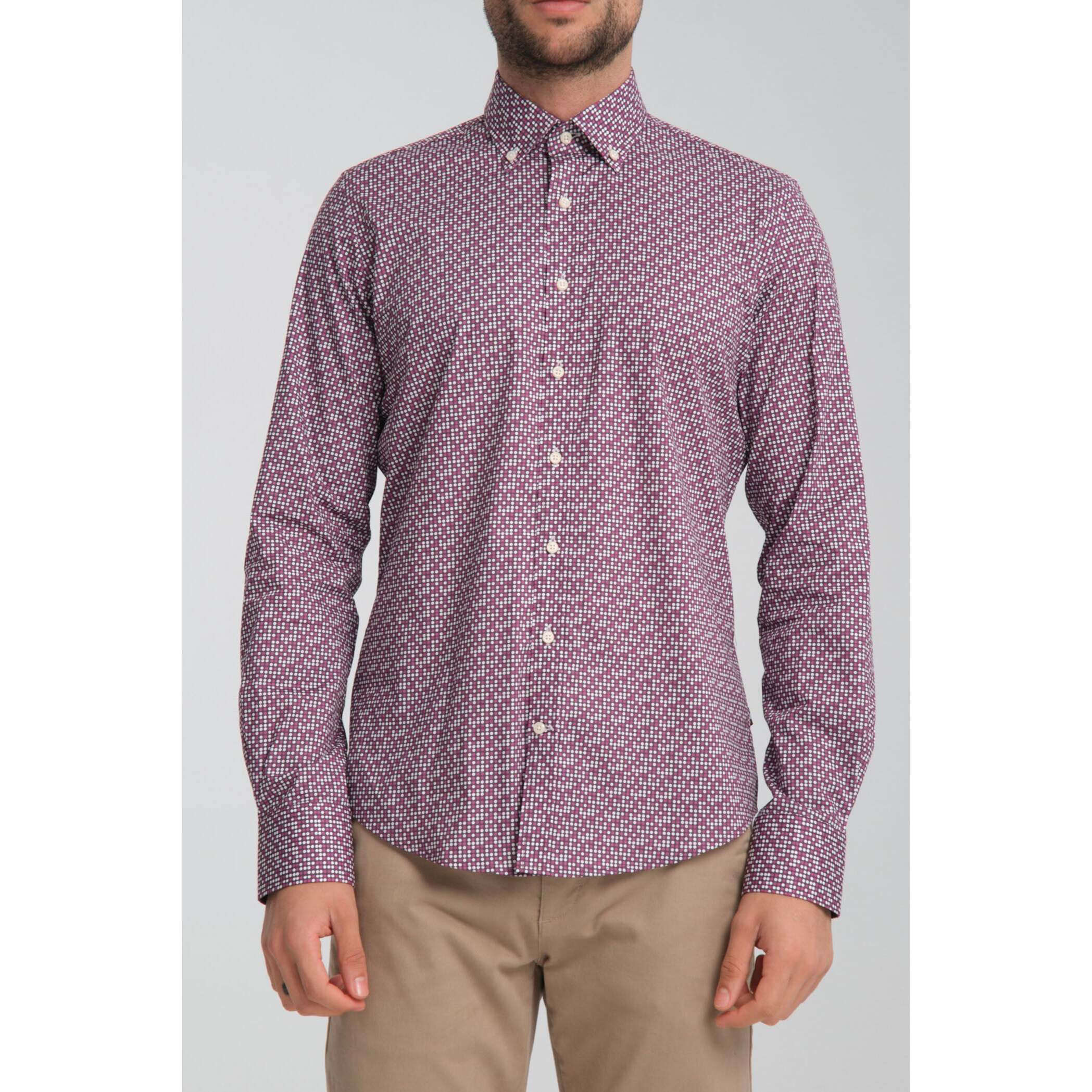 camicia uomo 1 bottone button down slim Popeline Stretch Stampato viola melanzana e viola ciclamino