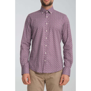 camicia uomo 1 bottone button down slim Popeline Stretch Stampato viola melanzana e viola ciclamino